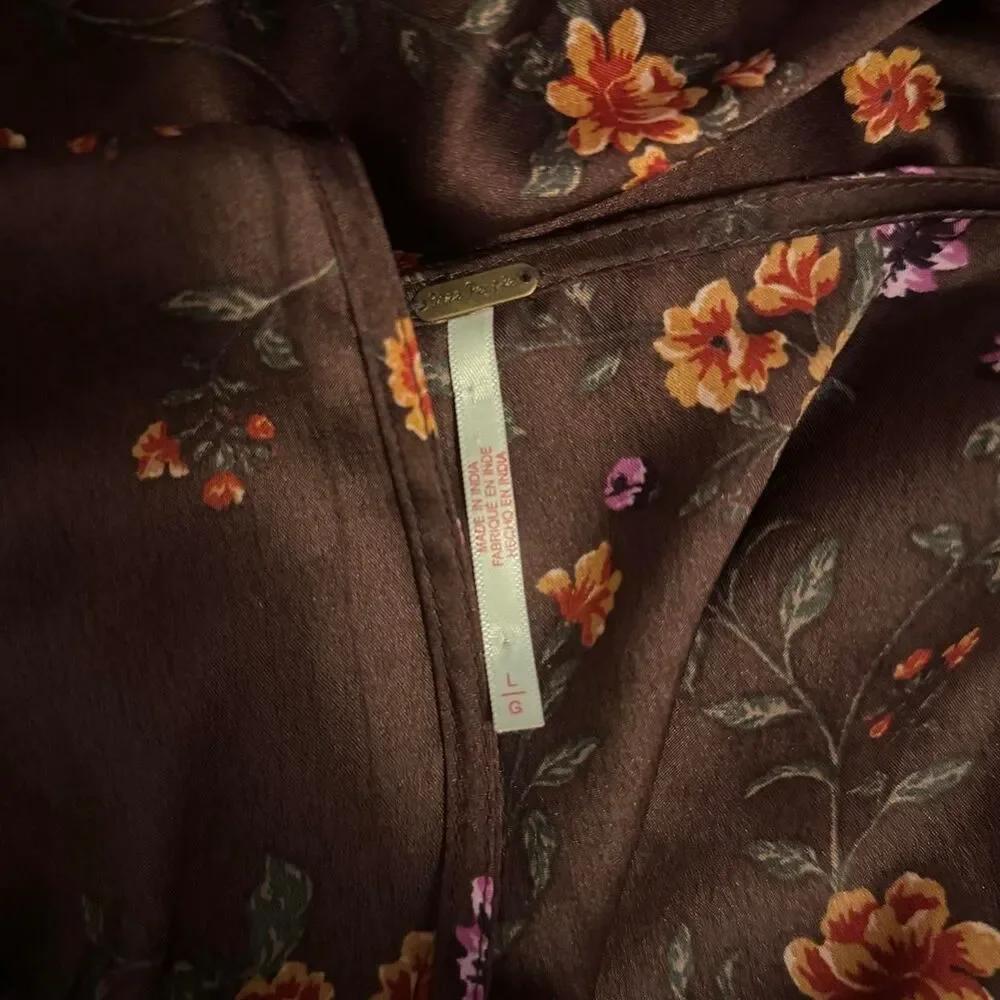 Free People Butterfly Babe Brown Floral Milkmaid Maxi Slip Dress Bias Cut Size L - Picture 8 of 8